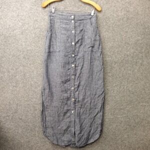 Linen Maxi Skirt Womens SMALL Blue Chambray Button Front Coastal ANTIBES BLANC